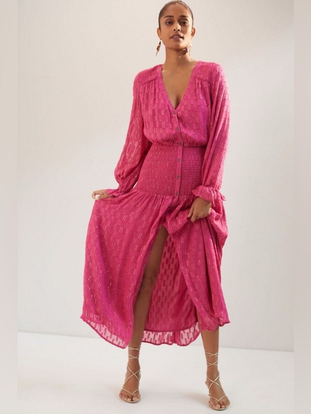 Anthropologie Smocked Pink/Gold Dress
